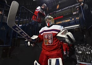 BUFFALO, NEW YORK - DECEMBER 30: The Czech Republic's Josef Korenar #30 leads his team to the ice surface for warm-up prior to preliminary round action against Belarus at the 2018 IIHF World Junior Championship. (Photo by Matt Zambonin/HHOF-IIHF Images)

